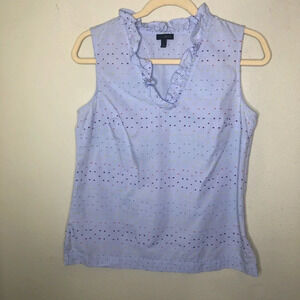 Talbots Blue Blouse with Textured Rainbow Dots Ruffle Collar Size Small